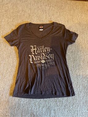 Harley-Davidson Women's brown V-Neck Tee with Silver Metallic Logo